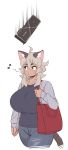  1girl ahoge animal_ears bag breasts clueless denim grey_hair handbag jeans large_breasts musical_note nvidia original pants simple_background solo tail video_card walking white_background yana_(nekoarashi) 