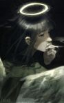  1girl absurdres angel angel_wings black_hair cigarette fasow1lu feathered_wings haibane_renmei halo highres holding holding_cigarette reki_(haibane_renmei) wings 