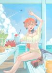  1girl :d absurdres alternate_costume alternate_hairstyle arm_up barefoot beach bikini black_horns blue_sky breasts chair cloud commentary_request curled_horns day dragon_girl dragon_horns food fruit full_body green_eyes hair_between_eyes highres holding holding_food holding_ice_cream horns ice_cream ikura_motimoti juice long_hair looking_at_viewer magus_(zenless_zone_zero) mechanical_horns mechanical_neck mechanical_tail navel ocean off-shoulder_bikini off_shoulder on_chair open_mouth orange_hair orange_juice orange_pupils orphie_magnusson outdoors pancake plate pointy_ears ponytail seed_sr. sitting sky smile swimsuit table tail toes water watermelon watermelon_slice zenless_zone_zero 