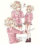  1girl :o arms_behind_back blonde_hair bow bowtie brown_shoes cardigan cellphone closed_mouth commentary_request dissidia_duellum_final_fantasy dissidia_final_fantasy ff14hioo_oo7 final_fantasy final_fantasy_vi hair_bow holding holding_phone holding_sword holding_weapon korean_commentary long_hair long_sleeves looking_at_viewer mog_(ff6) moogle multiple_views official_alternate_costume open_mouth phone pink_bow pink_cardigan plaid_clothes plaid_skirt ponytail purple_eyes school_uniform shirt shoes skirt smartphone smile socks sweatdrop sword terra_branford terra_branford_(school_cardigan) watermark weapon white_background white_shirt white_socks 