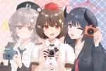  3girls :d ;d black_hair black_hat black_jacket black_necktie black_shirt blue_archive blush breasts brown_hair cai_han_bao camera cheyanne_(girls'_frontline_2) chiaki_(blue_archive) collared_shirt commentary_request crossover curious demon_girl demon_horns girls'_frontline girls'_frontline_2:_exilium hair_between_eyes halo hand_up hat highres holding holding_camera horns jacket long_hair looking_at_viewer m200_(girls'_frontline) medium_breasts medium_hair multiple_girls necktie one_eye_closed open_clothes open_jacket purple_eyes red_eyes red_halo red_necktie shameimaru_aya shirt small_breasts smile tokin_hat touhou trait_connection upper_body white_shirt 
