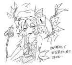  1girl ascot blush closed_eyes closed_mouth collared_shirt commentary_request crystal crystal_wings defeat embodiment_of_scarlet_devil embodiment_of_scarlet_devil_new_classic facing_viewer flandre_scarlet frilled_shirt_collar frills greyscale hat hat_ribbon laevatein_(touhou) minoru_minoru mob_cap monochrome one_side_up ribbon shirt skirt solo torn_clothes torn_shirt torn_vest touhou translation_request vest wings 