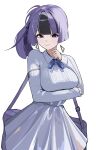  1girl absurdres arm_under_breasts bag black_hair black_streaks blue_eyes breasts collared_shirt commentary_request cowboy_shot earrings floating_earrings goddess_of_victory:_nikke hair_ribbon hand_up highres iridescent_clothes jewelry jien_(nikke) jien_(young)_(nikke) kyurosuku large_breasts long_sleeves looking_at_viewer mole mole_under_each_eye mole_under_eye multicolored_hair multiple_moles neck_ribbon purple_bag purple_hair purple_ribbon ribbon shirt side_ponytail simple_background skirt smile solo standing streaked_hair triangle_earrings white_background white_shirt 