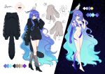  1girl ame_(riftdevils) animal_ears bangs bird blue_eyes blue_hair character_sheet commission commissioner_upload earrings fake_animal_ears fake_tail highres hood hoodie jewelry long_hair naozi original shoes socks solo standing star_(sky) tail tongue tongue_out very_long_hair 