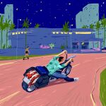  1boy 1girl aqua_shirt black_hair black_skirt blue_pants building chopper_(motorcycle) commentary denim fthoztrk grand_theft_auto grand_theft_auto:_vice_city gun highres holding holding_gun holding_weapon in-universe_location jeans male_focus motor_vehicle motorcycle neon_lights night on_motorcycle outdoors palm_tree pants riding riding_motorcycle road shirt short_hair skirt star_(sky) street tommy_vercetti tree untranslatable_commentary weapon 