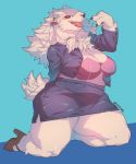  2020 achakura anthro big_breasts blush bottomwear bow breasts cleavage clothed clothing curvy_figure ear_piercing female fingers footwear fur hi_res high_heels kneeling looking_at_viewer mammal miniskirt open_mouth piercing polar_bear shoes signature skirt slightly_chubby solo thick_thighs tongue tongue_out ursid ursine vanira voluptuous white_body white_fur 