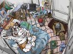  2020 alp_(tas) anthro bed belly bonbonbear bottomwear clothing computer detailed_background eyewear felid fur furniture glasses hombretigre inside kemono male mammal mechanical_fan moobs nipples pantherine phone pillow shorts sitting slightly_chubby solo tiger tokyo_afterschool_summoners video_games white_body white_fur 