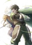  1boy 1girl absurdres animal_ear_fluff arm_shield armor artist_name belt belted_jacket black_belt black_dress black_hair black_shirt brown_armor brown_belt brown_hair brown_jacket cloak collared_dress collared_shirt commentary dress filo_(filolial_form)_(tate_no_yuusha_no_nariagari) filo_(tate_no_yuusha_no_nariagari) filolial fingerless_gauntlets from_side fur-trimmed_armor fur-trimmed_jacket fur_trim green_cloak green_eyes green_pants grey_armor high_collar highres holding holding_shield holding_sword holding_weapon iwatani_naofumi jacket layered_dress leather leather_armor leather_jacket legendary_shield_(small_shield)_(tate_no_yuusha_no_nariagari) legendary_shield_(tate_no_yuusha_no_nariagari) long_hair long_sleeves messy_hair miharu_tatsunami open_mouth pants pinstripe_dress pinstripe_pattern raccoon_girl raccoon_tail raphtalia red_dress red_eyes shield shirt short_dress short_hair short_sleeves sleeveless sleeveless_dress straight_hair sword tail tanuki tassets tate_no_yuusha_no_nariagari twitter_username two-tone_armor two-tone_dress v-shaped_eyebrows watermark weapon white_background white_dress yellow_trim 