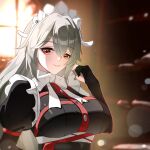 1girl alexandrina_sebastiane ayahabihabi commentary_request grey_hair hair_between_eyes highres long_hair looking_at_viewer maid maid_headdress portrait red_eyes smile solo zenless_zone_zero 