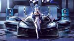  1girl absurdres bare_shoulders black_gloves black_shoes blue_eyes blue_jacket breasts car chevrolet_corvette chevrolet_corvette_c8 closed_mouth commentary commission erin_(granblue_fantasy) flag gloves granblue_fantasy grey_hair hair_between_eyes hand_up high_heels highres holding holding_flag jacket kcar66t leotard long_hair looking_at_viewer motor_vehicle off-shoulder_jacket off_shoulder on_car pointy_ears race_queen see-through_cleavage see-through_clothes shoes sitting solo speaker thighhighs white_leotard white_thighhighs 