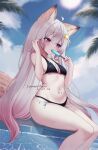  1girl absurdres ahoge animal_ears annytf bad_source bare_arms bare_shoulders bikini black_bikini black_nails blue_sky breasts cleavage cloud food food_in_mouth fox_ears fox_tail gradient_hair hair_ornament hand_up heterochromia highres holding holding_food holding_popsicle indie_virtual_youtuber long_hair looking_to_the_side medium_breasts multicolored_hair nail_polish navel outdoors pink_eyes pink_hair poolside popsicle popsicle_in_mouth purple_eyes sitting skindentation sky solo star_(symbol) star_hair_ornament stomach string_bikini sun swimsuit tail thighs very_long_hair virtual_youtuber water white_hair zxcsque 