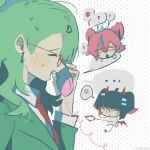  ! 3girls alternate_costume anger_vein angry aria_(human)_(zenless_zone_zero) aria_(zenless_zone_zero) asymmetrical_bangs black_hair bow closed_eyes colored_inner_hair corded_phone earrings from_side glasses green_bow green_hair green_suit hair_bow hair_ornament hairclip hand_up highres holding holding_phone jewelry multicolored_hair multiple_girls musical_note_earrings nangong_yu necktie open_mouth phone pink_hair red-framed_eyewear red_nails red_necktie shirt suit sunna_(zenless_zone_zero) teeth upper_body upper_teeth_only white_shirt yujijiangzs zenless_zone_zero 
