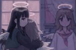  2girls angel angel_wings black_hair brown_hair feathered_wings haibane_renmei halo head_on_chest highres hug multiple_girls rakka_(haibane_renmei) reki_(haibane_renmei) wings ynomii_(20250324) 
