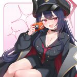  1girl :d absurdres alternate_breast_size_(larger) black_coat black_dress black_hair black_hat black_horns blue_archive blush breasts buttons camera chiaki_(blue_archive) choker cleavage coat coat_on_shoulders collared_dress demon_horns double-breasted dress halo hat highres horns large_breasts long_hair long_sleeves looking_at_viewer necktie open_mouth peaked_cap pointy_ears red_eyes red_necktie smile thighs triangle_mouth umirunie 