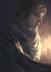  1girl 1other artist_name blurry blurry_background brown_eyes brown_hair cloak dark_souls_iii from_side gauntlets half-closed_eyes hand_on_another&#039;s_hand highres jlien- looking_down sad short_hair sirris_of_the_sunless_realms souls_(from_software) watermark white_cloak 