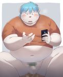  2020 anthro belly blush bodily_fluids canid canine canis censored clothing cum cum_on_hand domestic_dog genital_fluids hi_res kemono male mammal masturbation overweight overweight_anthro overweight_male phone shirt sitting solo sv_grart topwear 