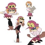  1girl angry bent_over black_thighhighs blue_eyes boots brown_boots brown_hair cartoonized clenched_hands closed_eyes closed_mouth eyelashes gamb1n0 goggles goggles_on_headwear hands_on_own_hips happy hat high_heel_boots high_heels highres holding holding_paper jaggy_lines koala_(one_piece) motion_lines multiple_views one_piece open_mouth paper pink_hat pink_skirt puffy_short_sleeves puffy_sleeves shaded_face shirt short_hair short_sleeves simple_background skirt stomping teeth thighhighs toon_(style) upper_teeth_only v-shaped_eyebrows white_background white_shirt 