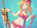  1girl :q bangs blonde_hair blue_eyes breasts cleavage closed_mouth commentary eyelashes final_fantasy frilled_swimsuit frills hat holding holding_ribbon long_hair navel pink_headwear pink_swimsuit pokemon pokemon_(game) pokemon_xy ribbon serena_(pokemon) shiny shiny_hair smile solo star_(symbol) swimsuit sword toasterkiwi tongue tongue_out weapon 