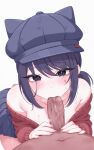  1boy 1girl absurdres bad_source bare_shoulders black_eyes black_hair black_hat black_skirt blush cappie_(miside) clothed_female_nude_male collarbone facial_mark fellatio hands_on_another's_crotch hat hetero highres horned_hat large_penis long_hair looking_at_viewer low_side_ponytail miniskirt miside mita_(miside) newsboy_cap nude off_shoulder oral penis pleated_skirt pov pov_crotch red_shirt saliva shirt side_ponytail simple_background skirt solo_focus sweat uncensored veins veiny_penis zxcsque 