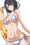  1girl bikini black_hair breasts commentary_request cowboy_shot highres kantai_collection large_breasts looking_at_viewer lowleg lowleg_bikini moroheiya_(moroheiya-works) navel orange_sarong red_eyes sarong short_hair side-tie_bikini_bottom simple_background solo swimsuit takao_(kancolle) unworn_sarong wet white_background white_bikini 