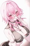  1girl adjusting_eyewear black_choker black_pants black_vest breasts choker cleavage commentary cropped_vest highres hololive hololive_english jewelry kamiya_maneki large_breasts long_hair looking_at_viewer mori_calliope necklace pants pink-tinted_eyewear pink_eyes pink_hair round_eyewear simple_background skull_necklace solo spiked_choker spikes sunglasses tinted_eyewear untranslatable_commentary vest virtual_youtuber white_background 