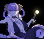  1girl alcohol bb_(fate) bb_dubai_(fate) belly_chain black_background black_dress braid braided_hair_rings breasts chain champagne champagne_flute cleavage cocktail_dress collared_halterneck commentary cup dress drink drinking_glass evening_gown fate/grand_order fate_(series) full_cleavage gold_chain hair_rings highres holding holding_cup jewelry official_alternate_costume onewhite_(sumnernath82011) purple_eyes purple_hair ribbon simple_background smile solo yellow_ribbon 