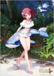  1girl :d absurdres atelier_(series) atelier_sophie bare_legs bare_shoulders beach bikini brown_eyes commentary_request day feet floating_hair flower frilled_bikini frills hair_ornament high_heel_sandals high_heels highres holding inflatable_toy inflatable_whale midriff navel noco_(adamas) official_art open_mouth outdoors palm_leaf palm_tree plant red_flower red_hair sandals short_hair smile solo sophie_neuenmuller swimsuit toes tree white_bikini yellow_flower 