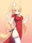  1girl absurdres animal_ears armpit_crease bandaged_arm bandages blonde_hair breasts character_request china_dress chinese_clothes cleavage cleavage_cutout commission covered_navel cowboy_shot dress fox_ears fox_girl fox_tail gradient gradient_background hands_up high_ponytail highres large_breasts long_hair looking_at_viewer no_panties original pelvic_curtain ponytail red_dress red_eyes side_slit sleeveless sleeveless_dress smile solo standing tail thighhighs thighs topu v-shaped_eyebrows very_long_hair white_legwear 