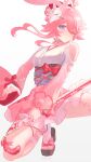  1girl absurdres animal_ears asymmetrical_sleeves blue_eyes blue_sash blush clothing_cutout commentary evanescia_(honkai:_star_rail) evanescia_(lunar_blossoming)_(honkai:_star_rail) fingernails foot_out_of_frame fox_mask highres hoavu holding holding_sword holding_weapon honkai:_star_rail honkai_(series) japanese_clothes kimono long_sleeves looking_at_viewer mask mask_on_head mismatched_sleeves obi official_alternate_costume one_eye_closed pink_hair pink_sleeves sash shoulder_cutout simple_background single_bare_shoulder solo sword weapon white_background 