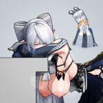  ... 2girls armpit_crease bent_over black_gloves blonde_hair blue_dress bow breasts closed_eyes commentary covered_nipples crossed_arms dress eclairstones english_commentary gloves grey_background grey_hair hair_bow hair_over_one_eye hanging_breasts hat highres long_hair long_sleeves looking_at_viewer multiple_girls nipples norma_hollowell pointy_ears purple_eyes purple_hair simple_background standing sweat velina_airgid white_bow zenless_zone_zero 