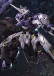  aiyat_@_maotto blurry blurry_background debris gundam gundam_kimaris_vidar gundam_tekketsu_no_orphans highres holding holding_weapon holstered_weapon horns lance looking_away mecha no_humans polearm profile robot single_horn solo space sword thrusters translation_request v-fin weapon yellow_eyes 