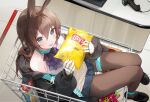  1girl amiya_(arknights) animal_ears arknights ascot black_jacket black_pantyhose black_shoes blue_eyes blue_skirt breasts brown_hair chips_(food) commentary_request e_name food from_above hair_between_eyes highres holding holding_food in_shopping_cart infection_monitor_(arknights) jacket jewelry korean_commentary lay's_(potato_chips) long_hair looking_at_viewer looking_up multiple_rings open_clothes open_jacket open_mouth pantyhose pleated_skirt potato_chips purple_ascot rabbit_ears rabbit_girl ring ring_on_every_finger shirt shoes shopping_cart skirt sleeveless sleeveless_shirt small_breasts solo white_shirt 