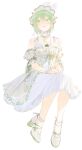 1girl absurdres artist_logo bare_shoulders cheng_(zi74438982) commentary detached_sleeves dress frilled_headwear full_body green_eyes green_hair highres invisible_chair logo lolita_fashion looking_up original own_hands_together procreate_(medium) puffy_detached_sleeves puffy_sleeves shoes short_hair sitting solo untranslatable_commentary white_dress white_shoes 
