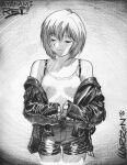  1996 1girl adam_warren artist_name ayanami_rei bad_source character_name closed_eyes commentary dated english_commentary graphite_(medium) greyscale highres jacket leather leather_jacket monochrome neon_genesis_evangelion off_shoulder scan short_hair shorts sleeves_past_wrists solo standing traditional_media 