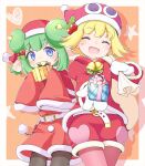  2girls ^_^ amitie_(puyopuyo) amitie_(santa)_(puyopuyo) bell belt belt_buckle black_pantyhose blonde_hair border box buckle christmas closed_eyes commentary_request covered_mouth covering_own_mouth cowboy_shot donut_hair_bun double_bun dress ear_tufts fur-trimmed_dress fur-trimmed_jacket fur_trim gift gift_box gloves green_hair hair_bun hair_ornament hands_up hat heart highres holding holding_box holding_gift holding_sack holly_hair_ornament hood hood_down hooded_jacket horns incoming_gift jacket jazz_grace lidelle_(puyopuyo) long_sleeves looking_at_viewer multiple_girls neck_bell official_alternate_costume open_mouth orange_background outside_border outstretched_arm pantyhose pink_pantyhose pink_ribbon pointy_ears puyopuyo puyopuyo_quest red_dress red_jacket red_shorts ribbon sack santa_costume santa_dress santa_hat short_hair shorts sleeves_past_fingers sleeves_past_wrists smile standing star_(symbol) white_belt white_border white_gloves yellow_horns yellow_ribbon 