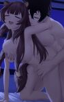  1boy 1girl :d absurdres animal_ear_fluff animal_ears arm_around_neck bad_id bad_pixiv_id black_hair blunt_bangs breasts brown_hair cleavage closed_eyes completely_nude couple dark doggystyle double-parted_bangs groping gueya hair_between_eyes hair_tubes hetero highres indoors iwatani_naofumi large_breasts long_hair messy_hair metal_hair_tubes missing_commentary nipples nude on_bed open_mouth parted_lips raccoon_ears raccoon_girl raccoon_tail raphtalia sex sex_from_behind short_hair smile straight_hair tail tanuki tate_no_yuusha_no_nariagari toned toned_male 