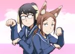  2girls :3 animal_ear_fluff animal_ears black_hair blush_stickers brown_eyes brown_hair day dog_ears fox_ears glasses highres houkago_teibou_nisshi kemonomimi_mode kuroiwa_yuuki multiple_girls oono_makoto opaque_glasses outdoors ponytail pose school_uniform serafuku sky smile twintails ueyama_michirou 