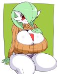  2019 big_breasts blush breasts cleavage_cutout clothing embarrassed female gardevoir glistening glistening_body glistening_skin hand_on_breast hi_res humanoid keyhole_turtleneck nintendo not_furry pok&eacute;mon pok&eacute;mon_(species) red_eyes ribbed_clothing ribbed_sweater simple_background sitting solo sugaru sweater thick_thighs topwear underwear video_games 