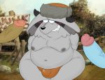  2020 anthro belly blush bulge clothing erection filthyopossum genitals harvey_beaks harvey_beaks_(series) hat headgear headwear hi_res male mammal moobs nipples overweight overweight_male penis procyonid raccoon randl solo_focus underwear 