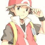  1boy backpack bag baseball_cap closed_mouth commentary_request grey_eyes grey_shirt hand_on_headwear hand_up hat looking_at_viewer male_focus matsuri_(matsuike) pokemon pokemon_(game) pokemon_frlg popped_collar red_(pokemon) shirt short_sleeves sleeveless sleeveless_jacket solo t-shirt v-neck vs_seeker white_background wristband yellow_backpack 