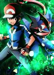  1boy :d ash_ketchum baseball_cap black_gloves black_hair blue_jacket blue_pants clenched_hand fingerless_gloves gen_6_pokemon gloves green_background greninja hair_between_eyes hat highres holding holding_poke_ball jacket male_focus open_mouth pants poke_ball pokemon pokemon_(anime) pokemon_(creature) pokemon_xy_(anime) red_eyes red_headwear sharumon short_sleeves smile 