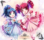  2girls :d bangs blue_dress blue_footwear blue_hair commentary_request dated dress drill_hair eyebrows_visible_through_hair fine frilled_dress frills fushigiboshi_no_futago_hime green_eyes holding_hands interlocked_fingers long_sleeves looking_at_viewer multiple_girls open_mouth pantyhose pink_dress red_eyes red_footwear red_hair rein sakurano_tsuyu shoes signature sleeves_past_wrists smile tiara twin_drills twintails white_legwear wide_sleeves 