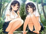  2girls :d bangs bare_legs barefoot black_eyes black_hair black_skirt blurry blurry_background breasts cleavage closed_mouth collared_shirt commentary_request day depth_of_field dress_shirt eyebrows_visible_through_hair forest hand_up kentaurosu leg_hug long_hair medium_breasts multiple_girls nature open_mouth original outdoors pleated_skirt school_uniform shirt short_sleeves skirt smile upper_teeth v white_shirt 