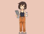  1girl barefoot black_hair black_tank_top bottle commentary_request full_body hiryuu_(kantai_collection) kantai_collection messy_hair milk_bottle newspaper orange_background orange_pants otoufu ribbed_tank_top short_hair simple_background sleepwear solo standing tank_top 