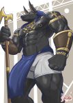  anthro anubian_jackal anubis big_muscles black_body black_nipples canid canine canis clothing deity egyptian egyptian_clothing egyptian_mythology hi_res holding_object holding_weapon jackal male mammal masterelrest middle_eastern_mythology muscular muscular_anthro muscular_male mythology nipple_piercing nipples pecs piercing solo tattoo weapon 