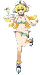  1girl alternate_costume android bikini blonde_hair choker cinnamon cocktail eyebrows_visible_through_hair facing_viewer full_body green_eyes hat highres jewelry leg_up long_hair looking_at_viewer open_mouth pendant plate rockman rockman_x rockman_x_dive roller_skates simple_background skates smile solo swimsuit white_background wrist_cuffs yuri_nozomi 
