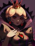  bellhenge blonde_hair closed_mouth crown dress earrings evil gloves hand_on_own_chest jewelry nintendo paper_mario:_the_thousand_year_door princess_peach purple_background purple_dress red_eyes ruby_(gemstone) shadow_queen simple_background updo white_gloves 