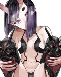  1girl armor bangs bare_shoulders black_nails bob_cut breasts crazy_smile fate/grand_order fate_(series) head_tilt highres holding_legs horns looking_at_viewer makeup navel oni oni_horns parted_lips purple_eyes purple_hair ram_(ramlabo) revealing_clothes short_eyebrows short_hair shuten_douji_(fate/grand_order) sitting skin-covered_horns small_breasts smile solo 