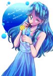  1girl blue_dress blue_eyes blue_hair character_name collarbone cup dress drinking drinking_straw floating_hair food fruit go!_princess_precure hair_tubes highres holding holding_cup kaidou_minami lemon lemon_slice long_dress long_hair looking_at_viewer precure sharumon shiny shiny_hair sleeveless sleeveless_dress solo standing sundress very_long_hair white_background 