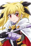  1girl bangs black_bow black_gloves blonde_hair bow cape closed_mouth fate_testarossa floating_hair gloves hair_bow highres holding holding_polearm holding_weapon long_hair looking_at_viewer lyrical_nanoha polearm red_eyes sharumon shiny shiny_hair simple_background smile solo twintails very_long_hair weapon white_background white_cape 